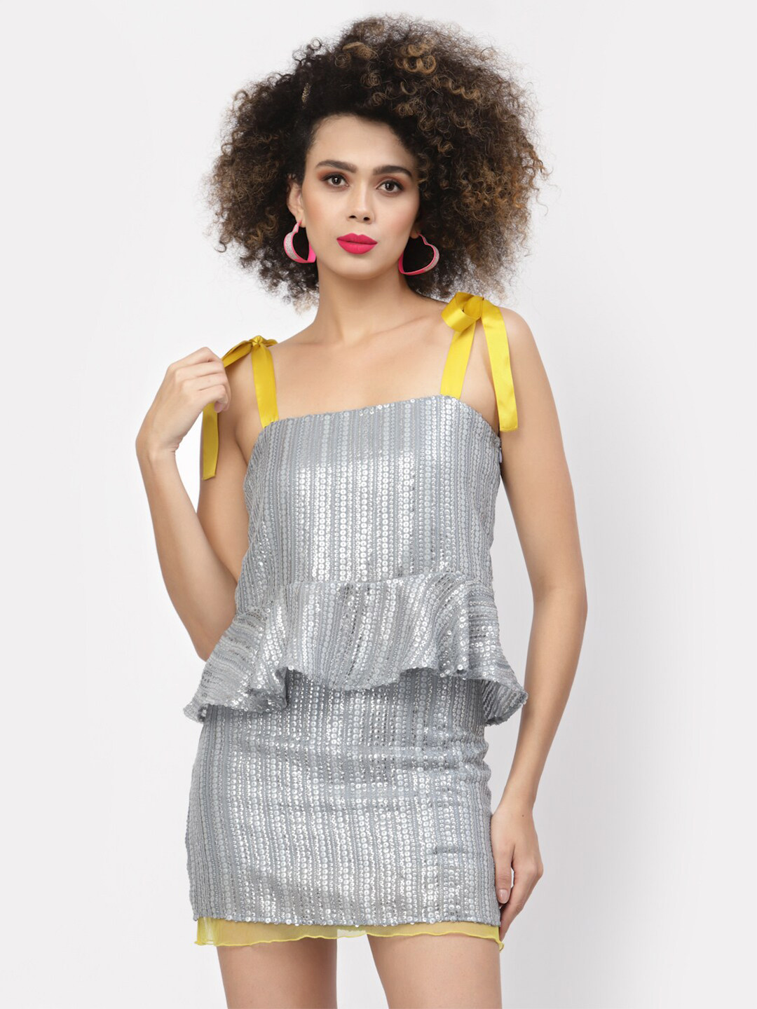 LELA Silver-Toned Sequined Shoulder Straps Peplum Top
