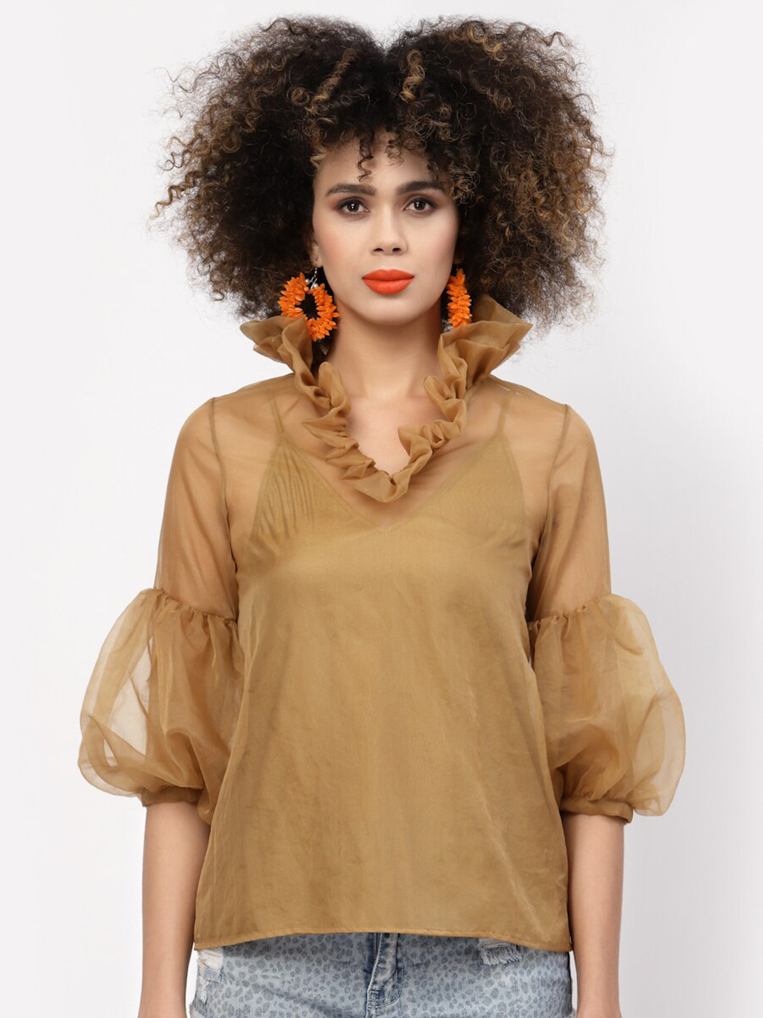 LELA Beige Organza Puff Sleeves Regular Top With Camisole