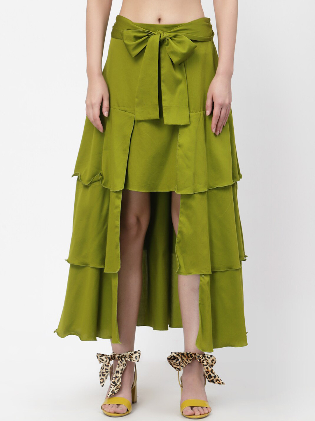 LELA Women Olive Green Solid Tiered Layered Skirt