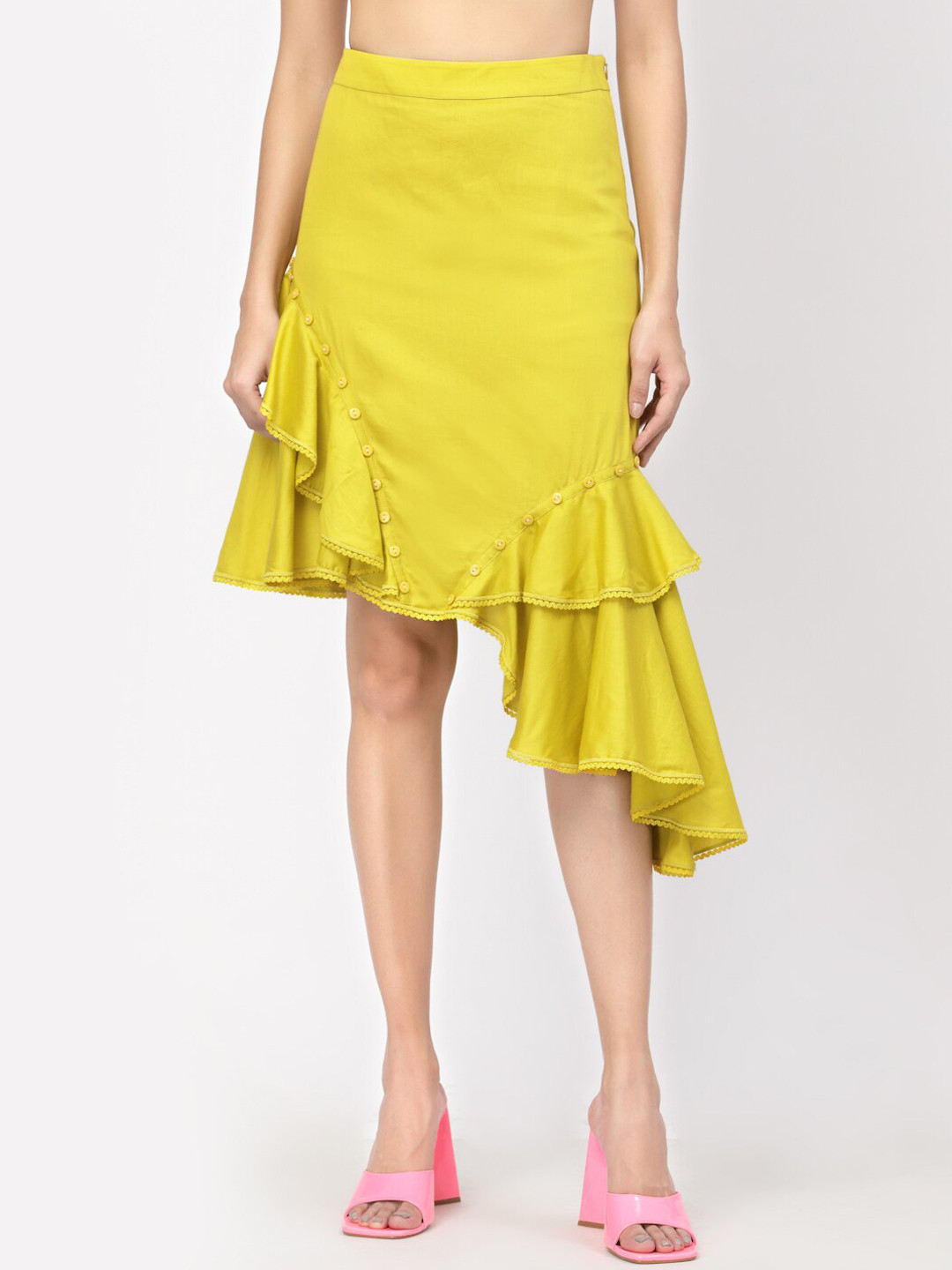 LELA Women Yellow Solid Button Detail Ruffle Skirt