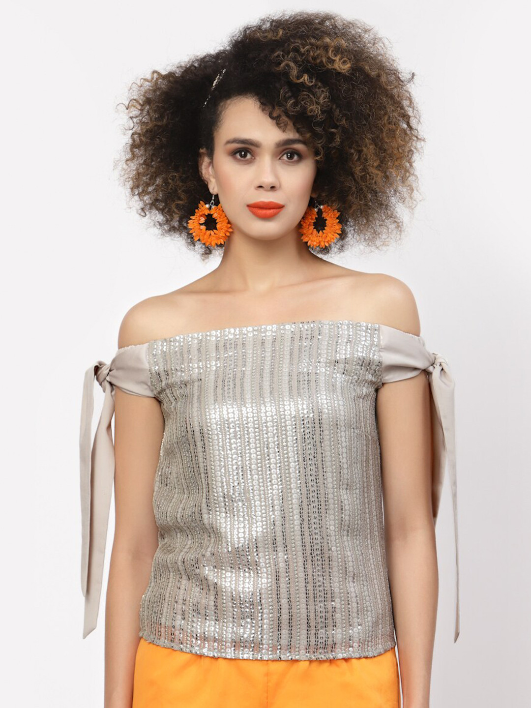 LELA Gold-Toned Embellished Off-Shoulder Bardot Top With Tie-Up Detail