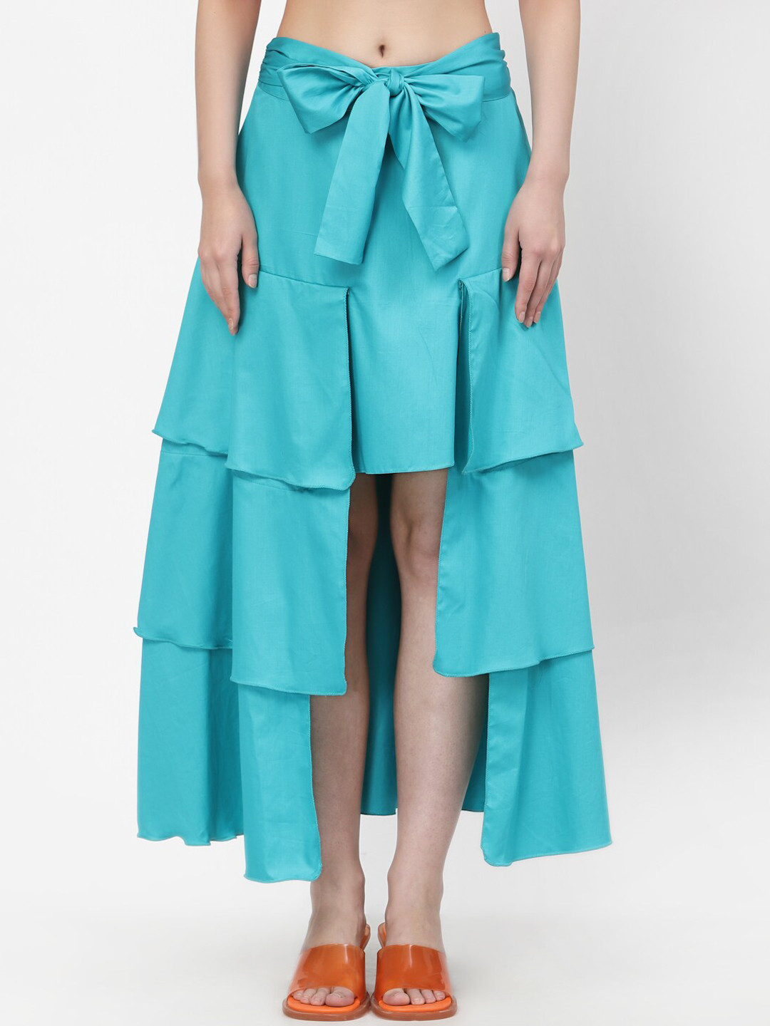 LELA Women Turquoise Blue Solid Cotton Cambric Tiered Midi Layered Skirts