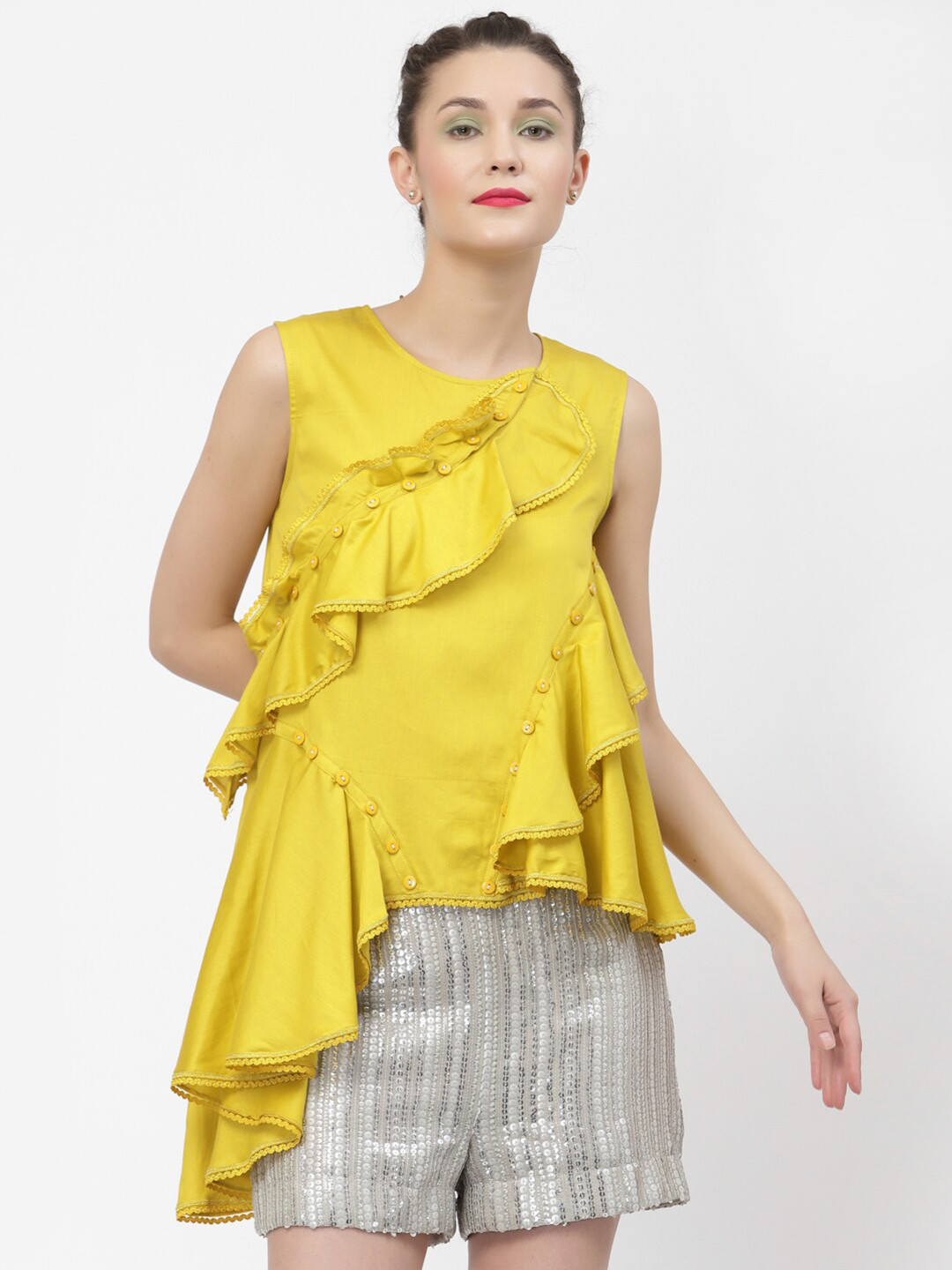 LELA Yellow Solid A-line Ruffles Top