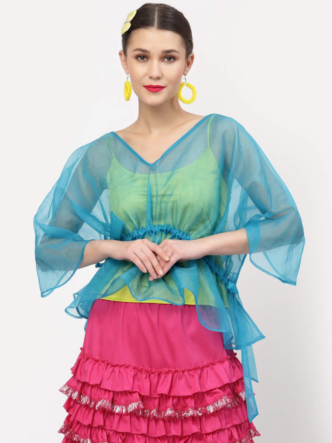 LELA Turquoise Blue Organza Sheer Cinched Waist Top With Camisole