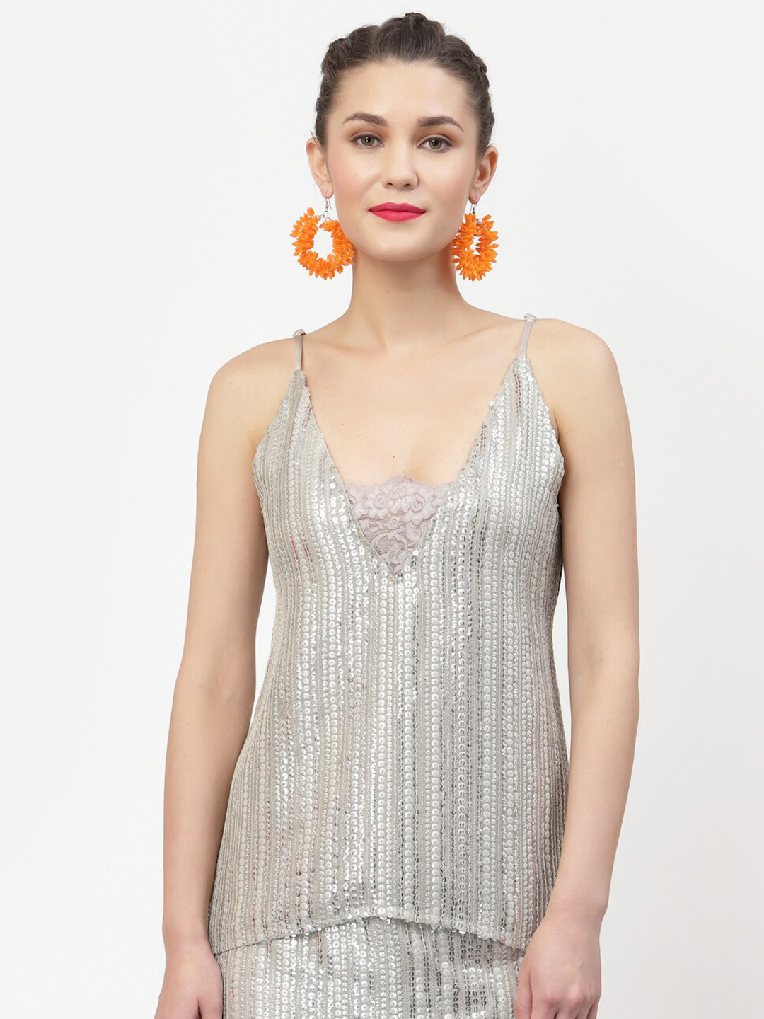 LELA Gold-Toned Sequined Spaghetti Top With Lace Detail