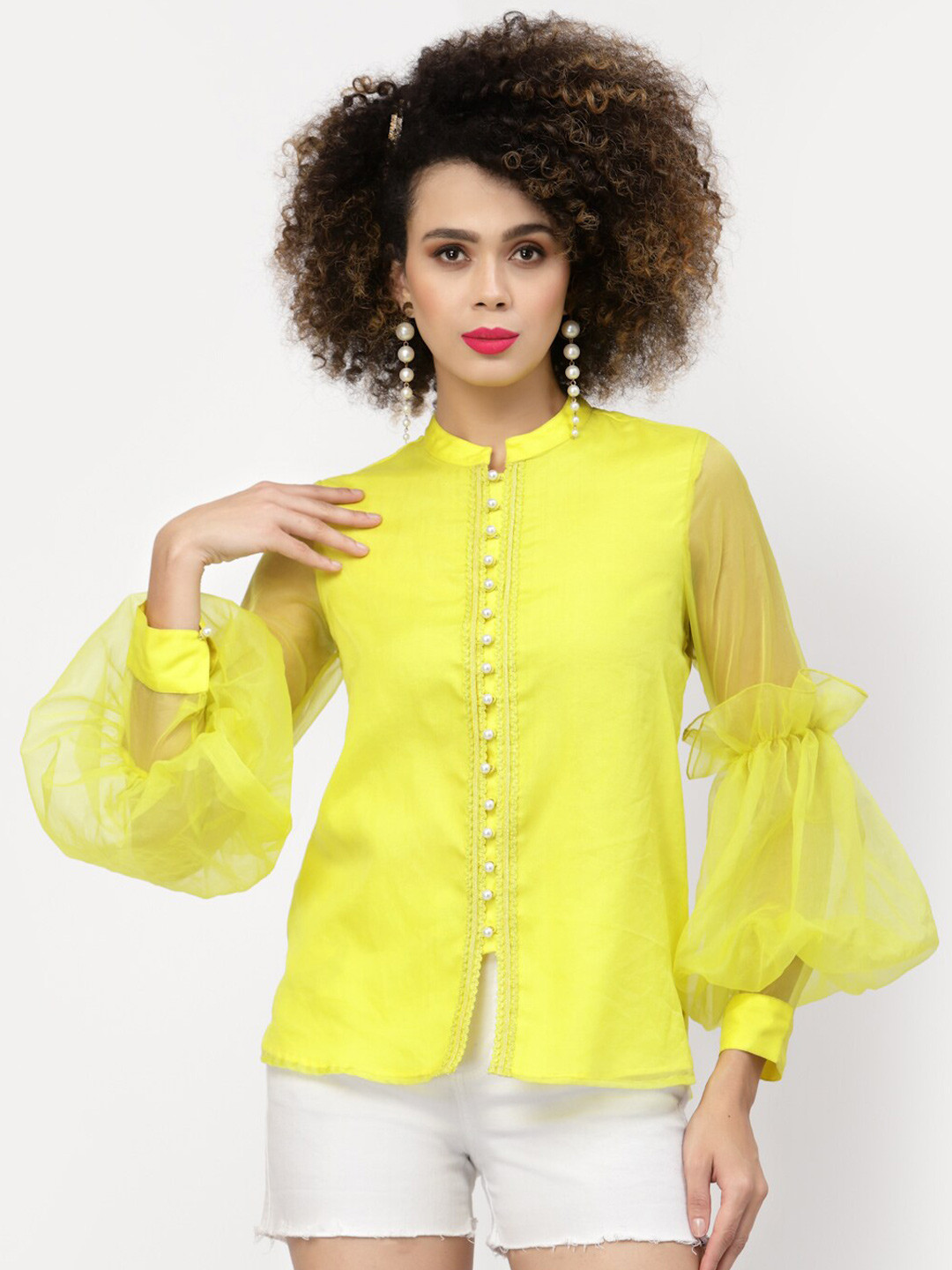 LELA Yellow Organza Lace Detail Top
