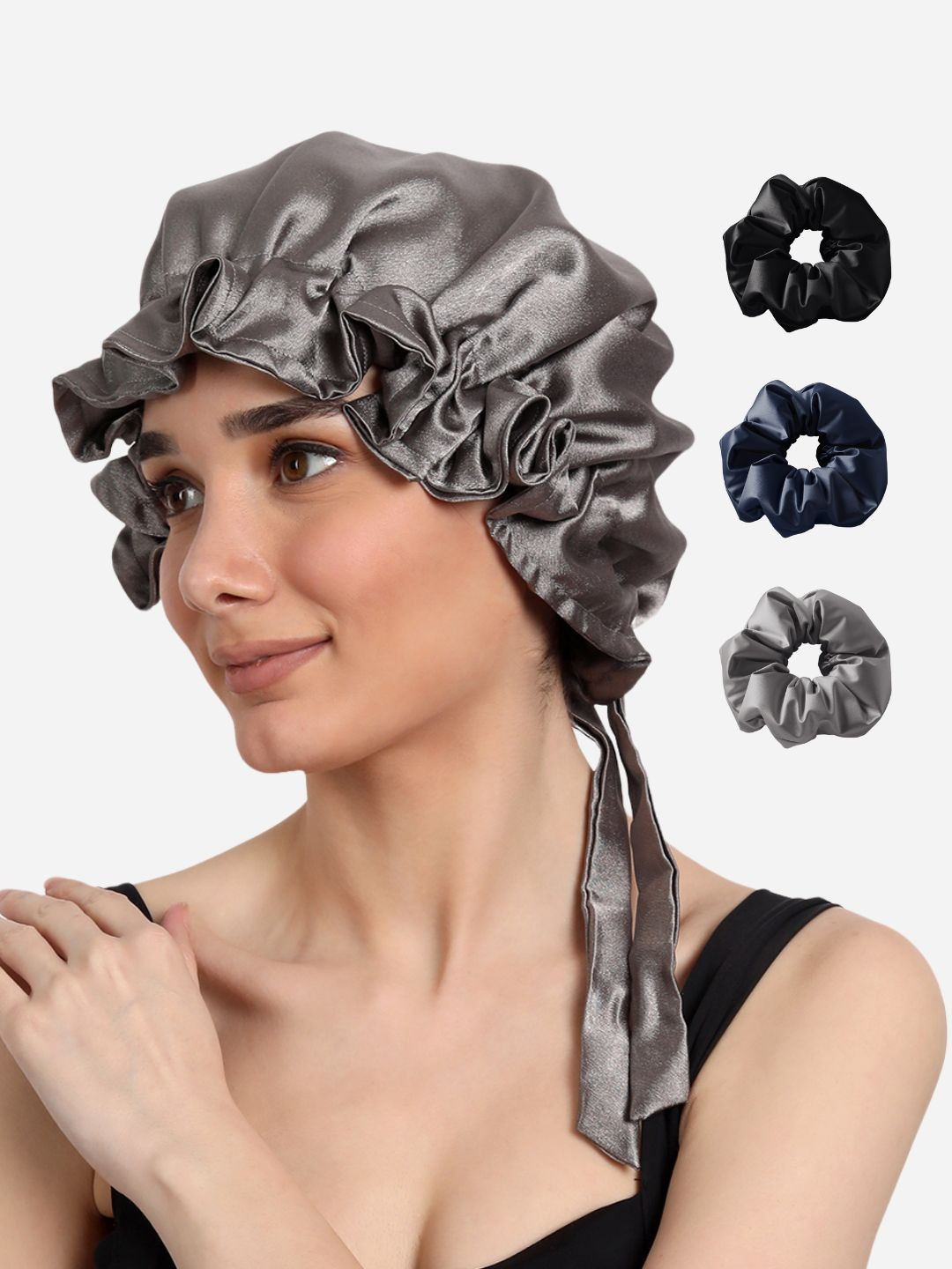 Mueras Women Grey Bonnet Sleep Cap Scrunchies Combo