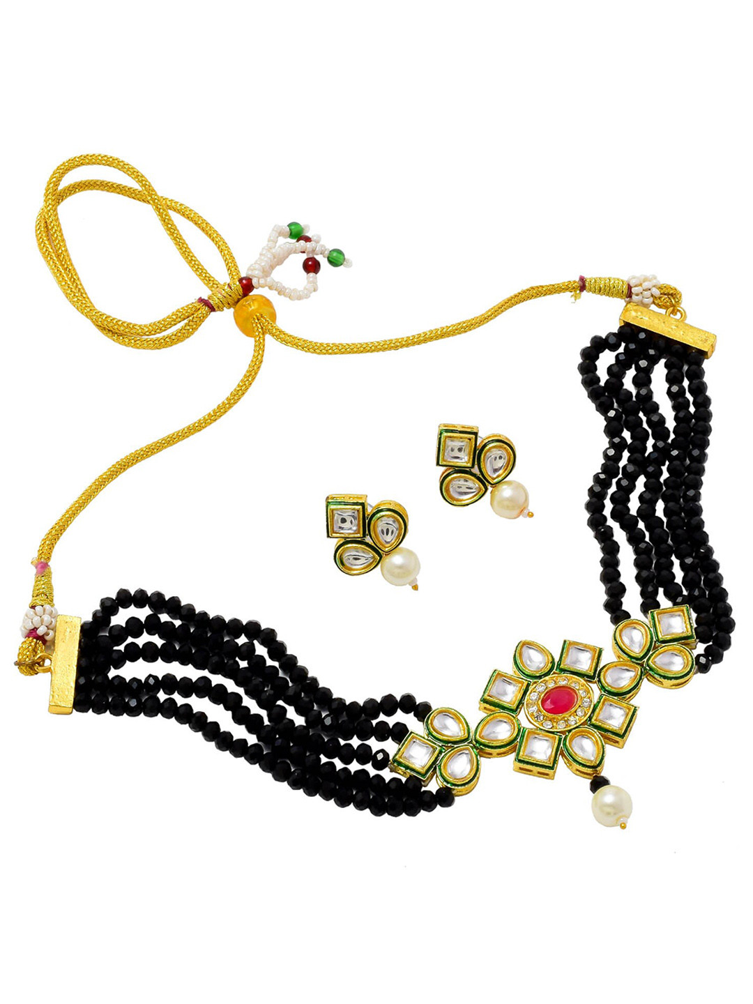 Jewar Mandi Black Pearl Beaded & White Kundan Studded Gold-Plated Jewellery Set