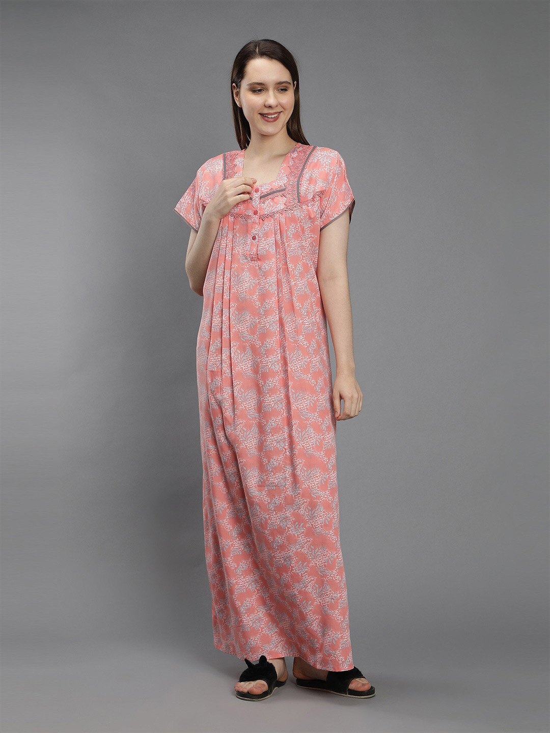 NIGHTSPREE Peach-Coloured Printed Maxi Pure Cotton Nightdress