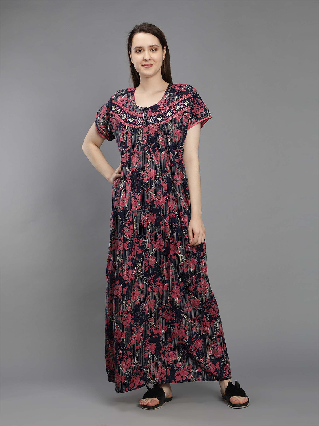 NIGHTSPREE Pink Printed Maxi Pure Cotton Nightdress