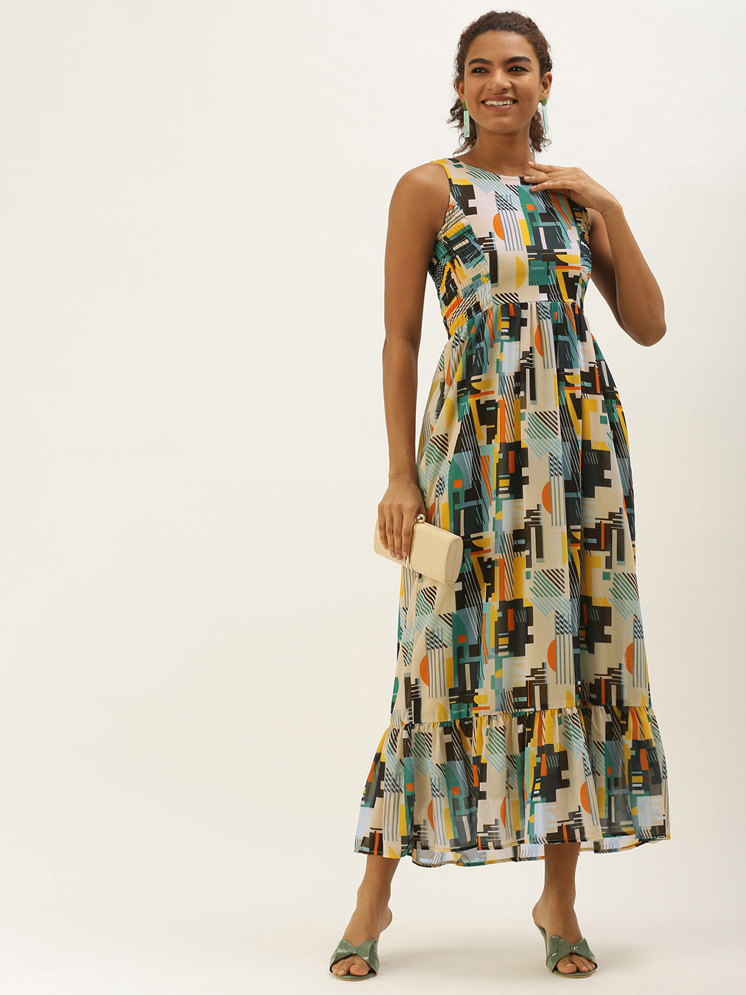 MELOSO Cream-Coloured & Blue Abstract Print Smocked A-Line Maxi Dress