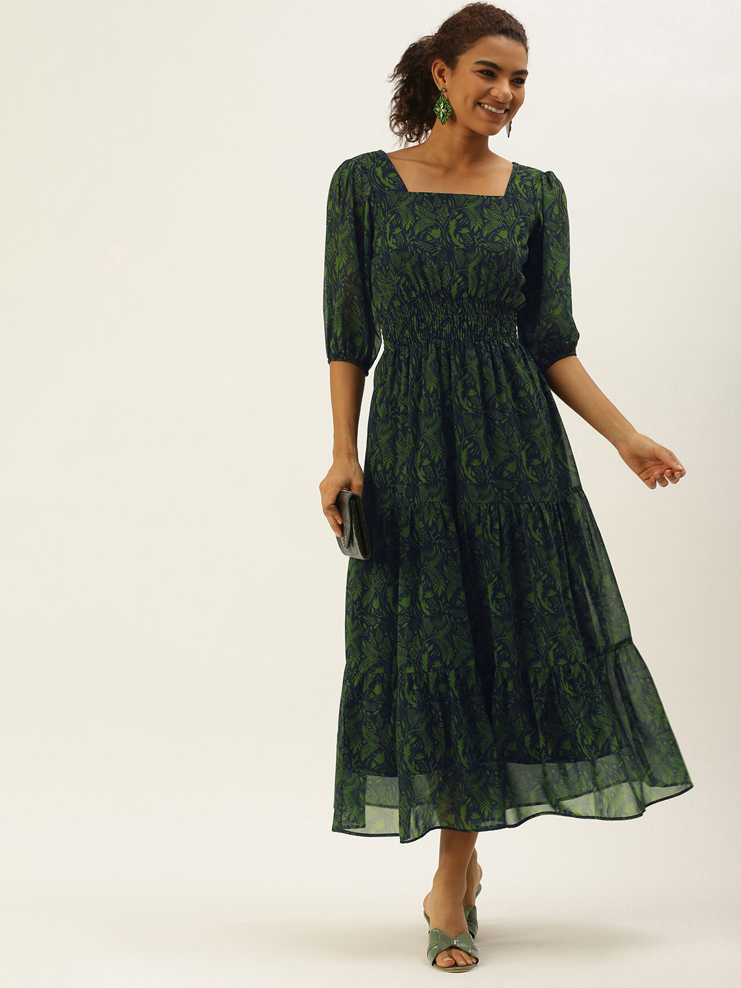 Navy Blue & Green Tropical Print Smocked Maxi Dress