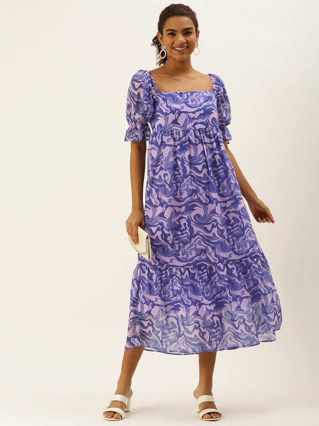 MELOSO Lavender & Purple Abstract Print Tiered A-Line Midi Dress