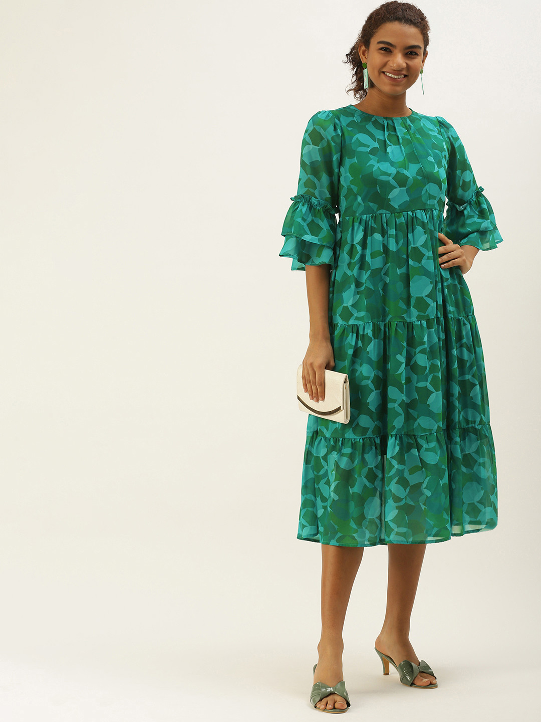 MELOSO Green Abstract Print Tiered A-Line Midi Dress