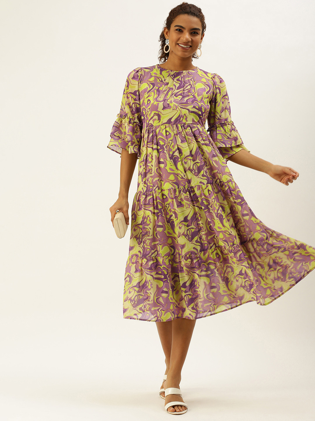 MELOSO Lime Green & Lavender Abstract Print A-Line Midi Dress