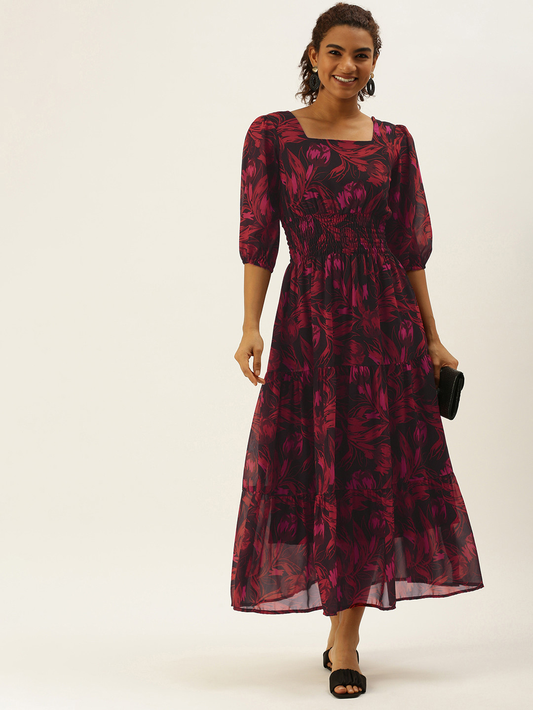 MELOSO Black & Red Floral Printed Tiered Smocked A-Line Maxi Dress