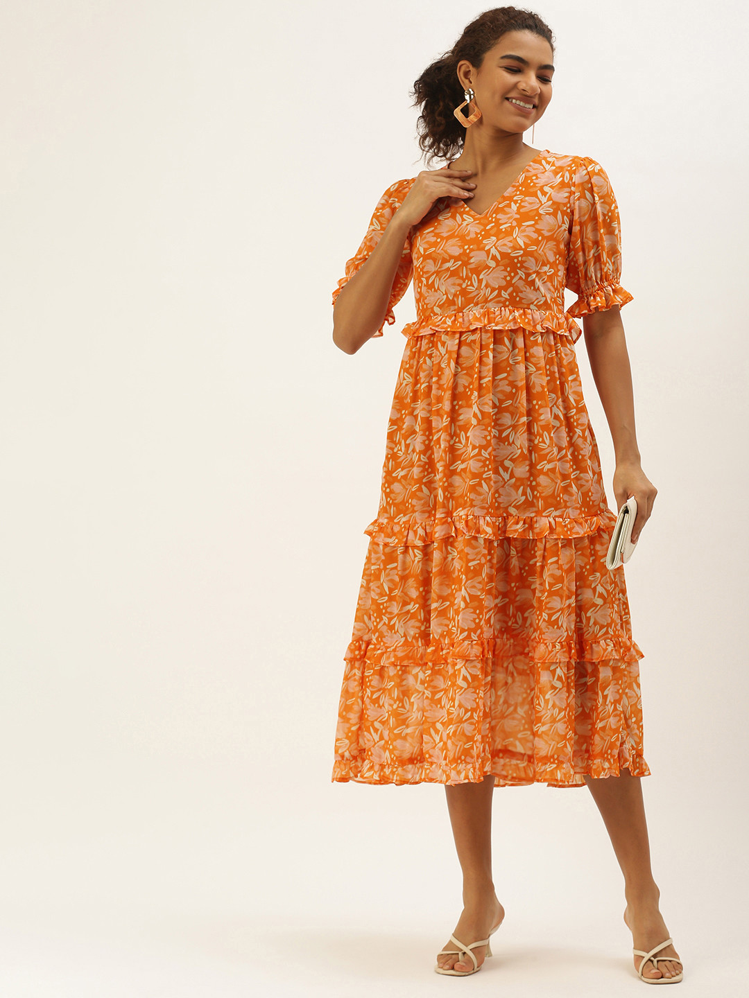 MELOSO Orange & White Floral Tiered Ruffle A-Line Midi Dress