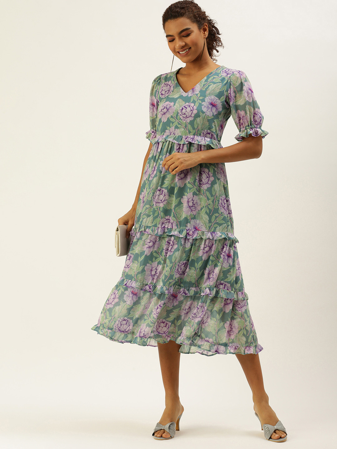 MELOSO Lavender & Green Floral Printed Ruffle Tiered A-Line Midi Dress