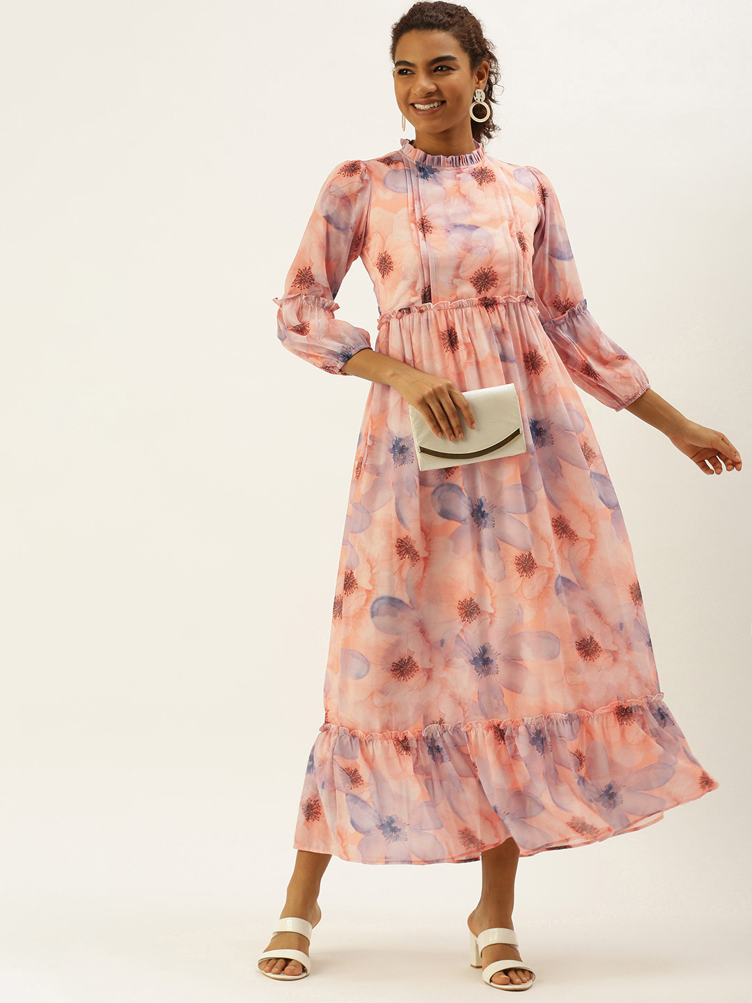 MELOSO Peach-Coloured & Lavender Floral Printed Ruffle A-Line Maxi Dress