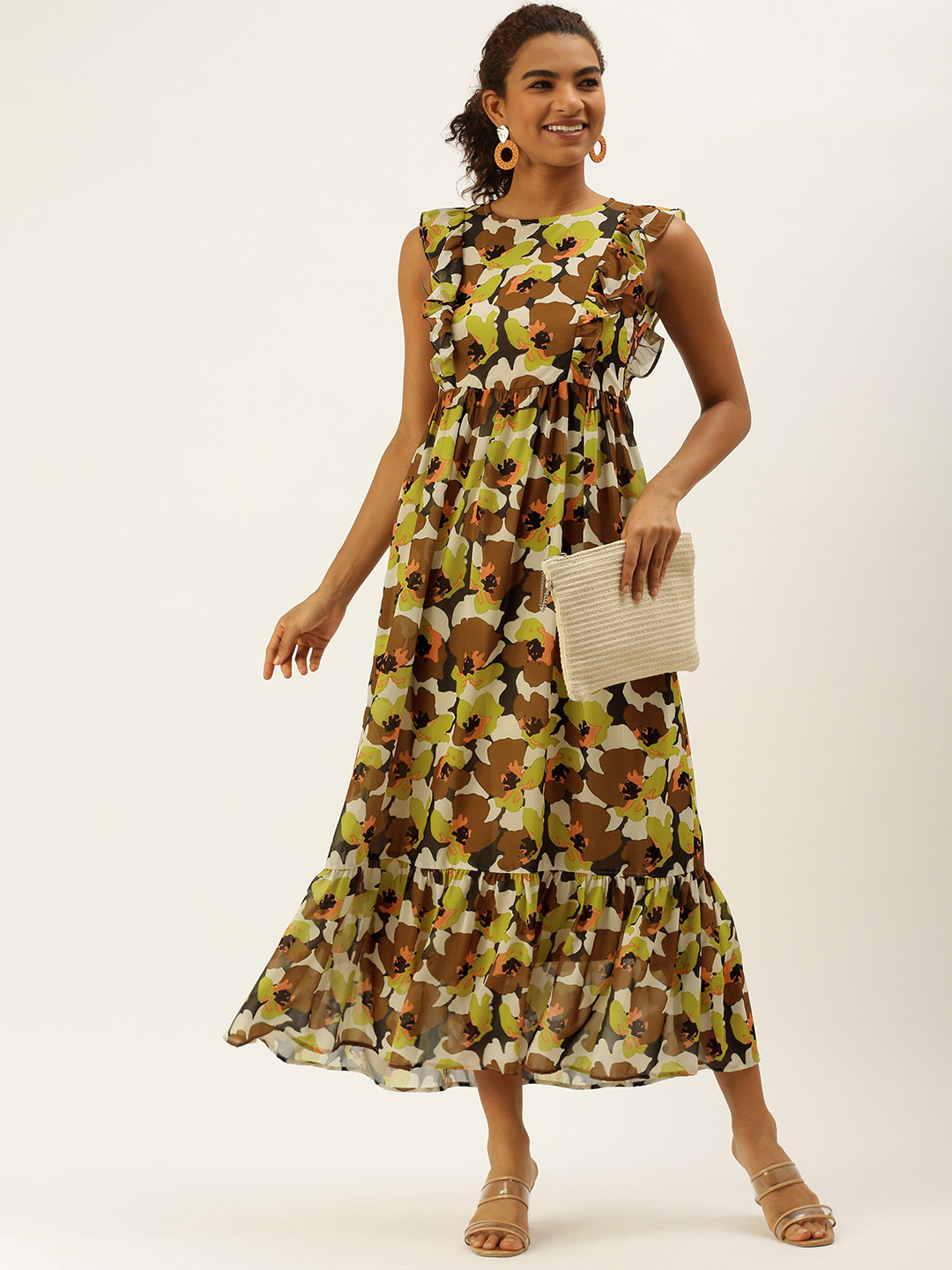 MELOSO Cream-Coloured & White Floral Printed Ruffle Maxi Dress