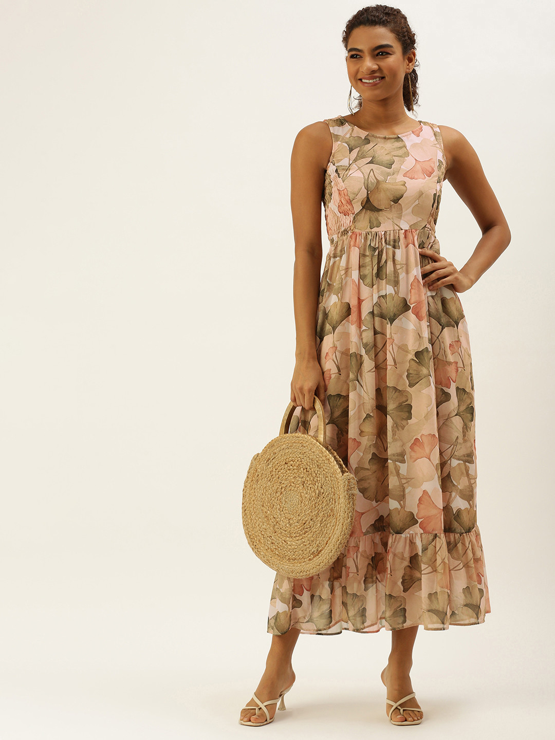 MELOSO Cream-Coloured & Green Tropical Printed Smocked A-Line Maxi Dress