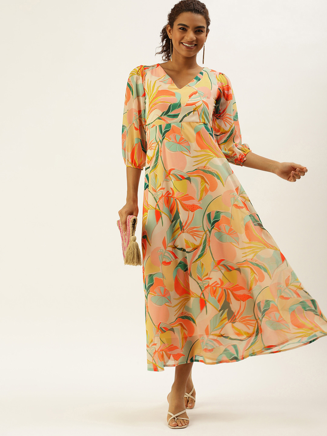 Peach & Yellow Tropical Print A-Line Maxi Dress