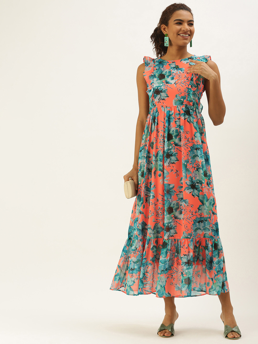 MELOSO Orange & Blue Floral Printed Ruffle Maxi Dress