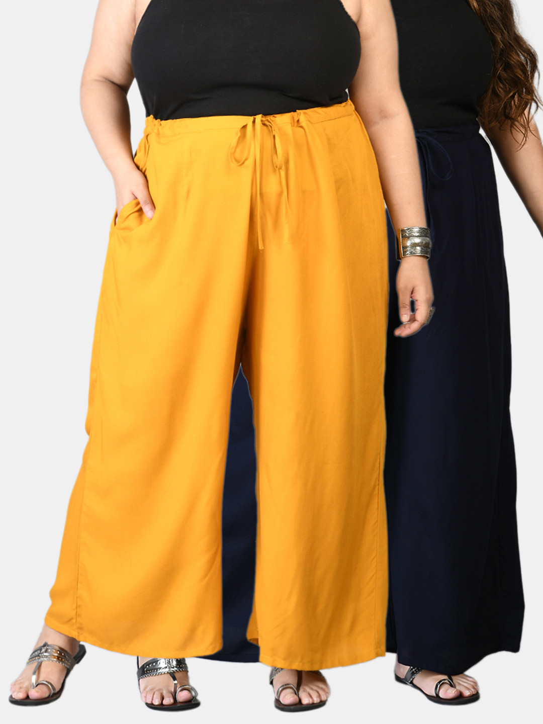 PrettyPlus by Desinoor com Women Plus Size Pack Of 2 Mustard Yellow & Navy Blue Palazzos