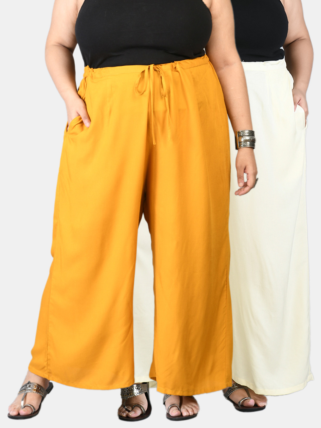 PrettyPlus by Desinoor com Women Plus Size Pack Of 2 Mustard Yellow & Cream Solid Palazzos