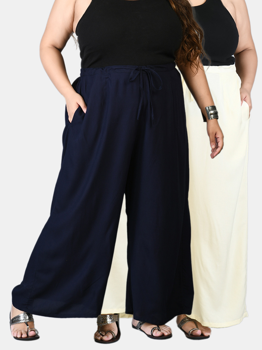 PrettyPlus by Desinoor com Women Plus Size Pack Of 2 Navy Blue & Cream Solid Palazzos