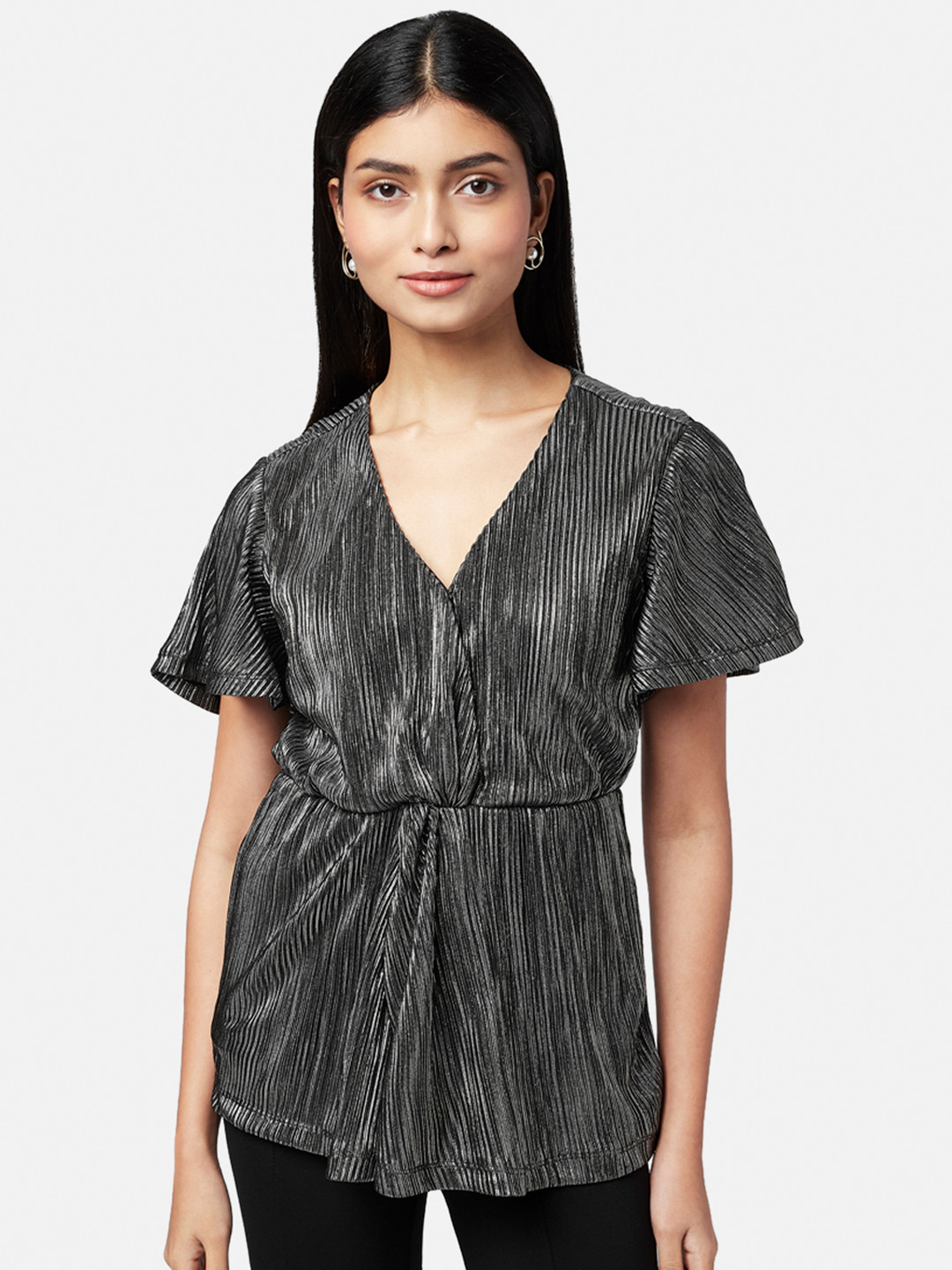 Annabelle by Pantaloons Silver-Toned Striped Cinched Waist Top