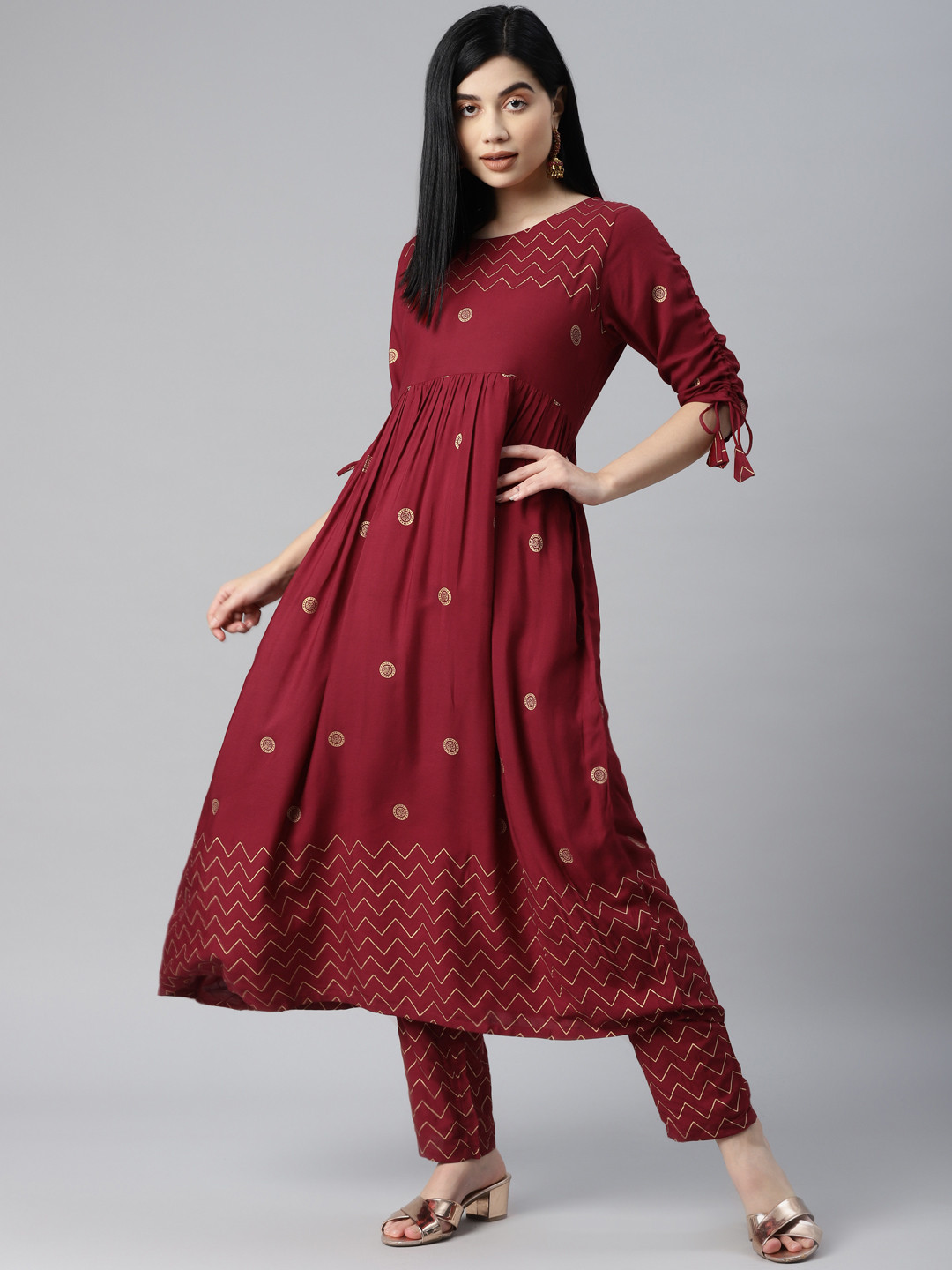 MBE Women Maroon Printed Pleated Kurta with Trousers