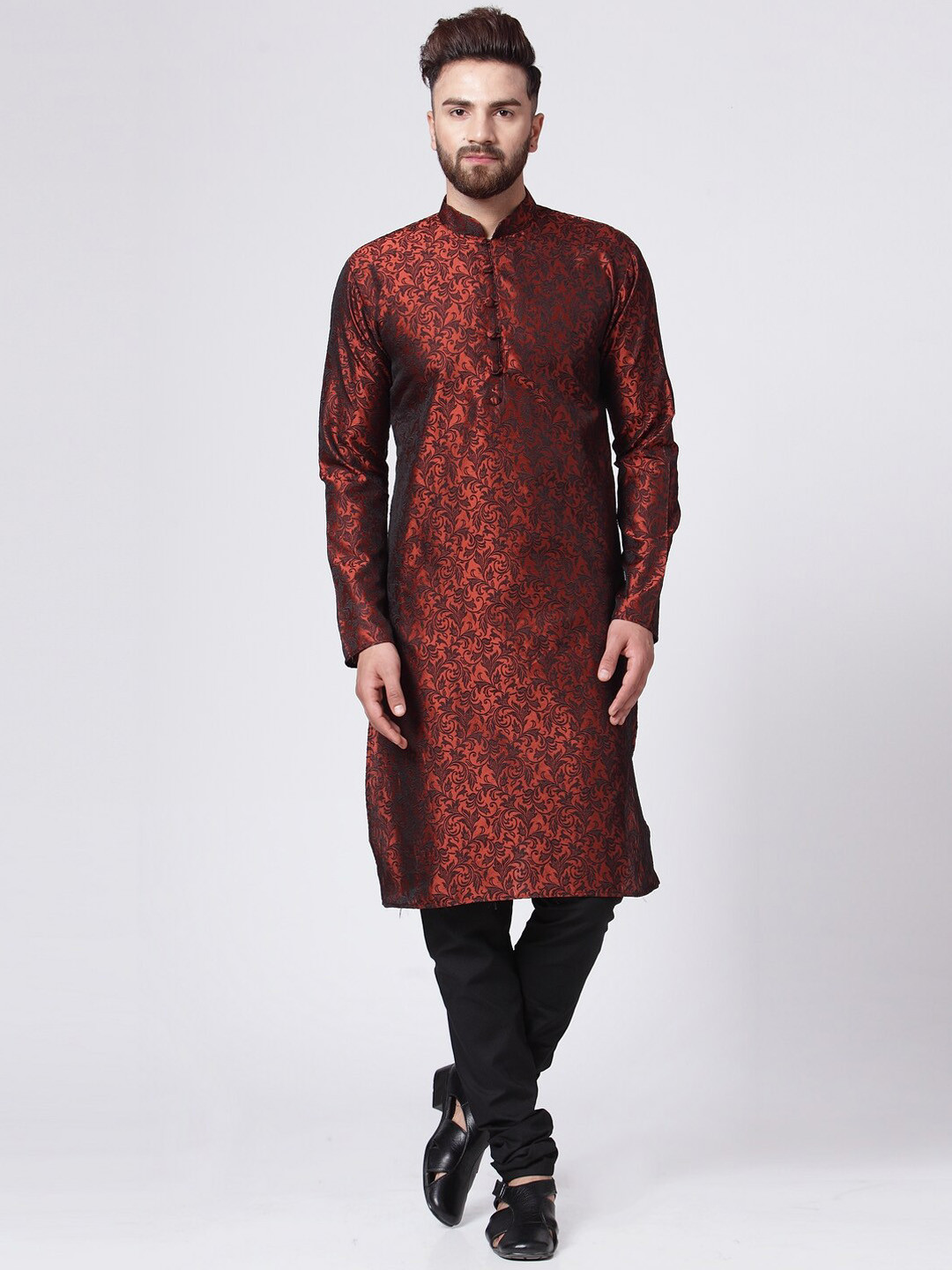Jompers Men Maroon Floral Kurta with Churidar