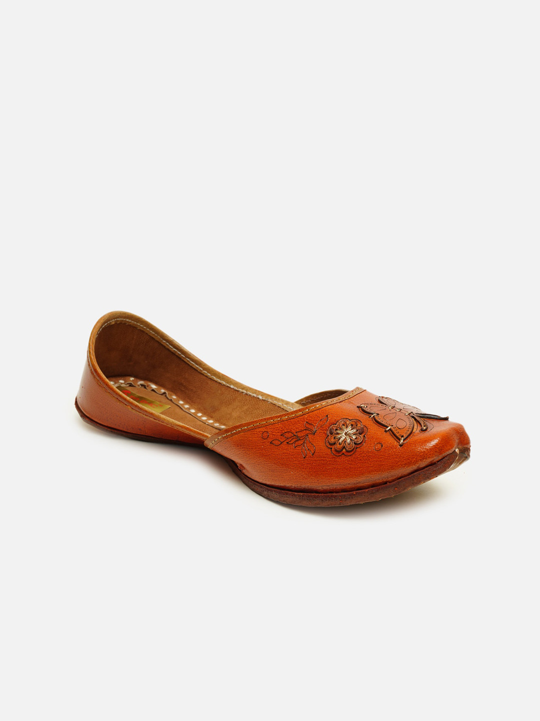 Ta Chic Women Brown Textured Ethnic Mojaris with Laser Cuts Flats