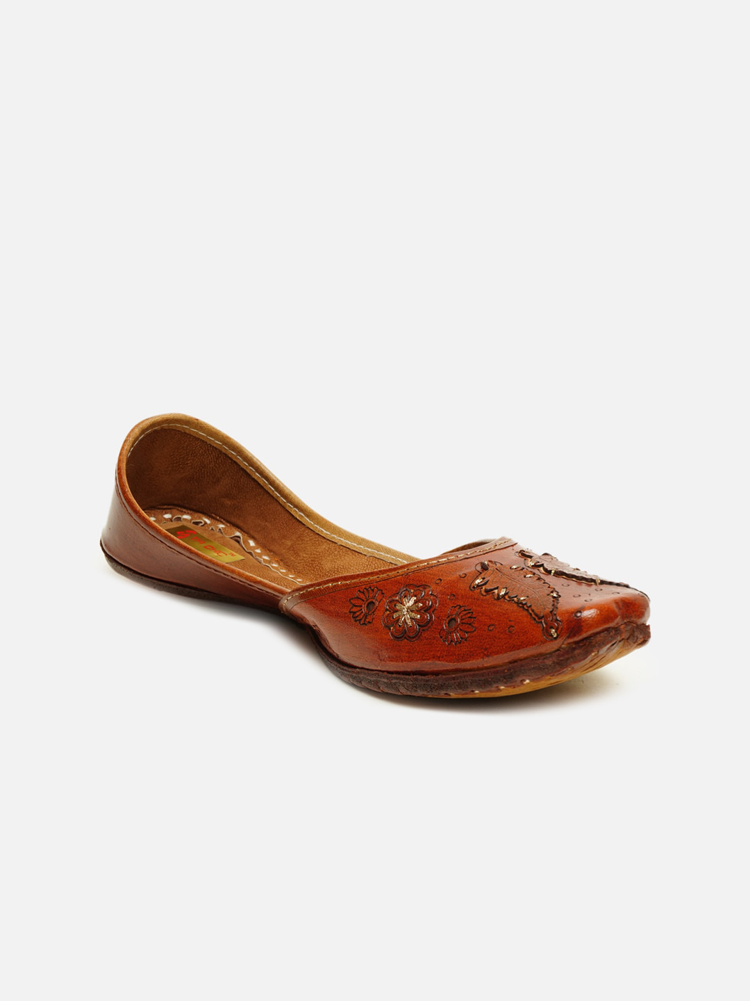 Ta Chic Women Brown Embellished Ethnic Mojaris with Laser Cuts Flats