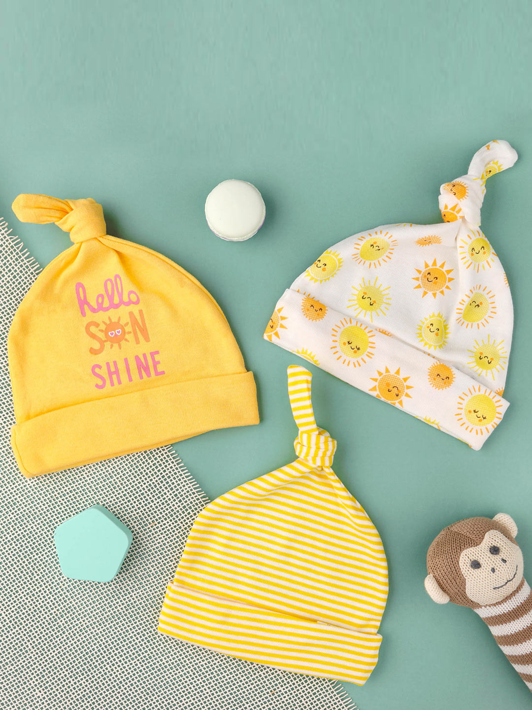 KICKS & CRAWL Kids Pack of 3 Yellow & White Printed Cotton Beanie