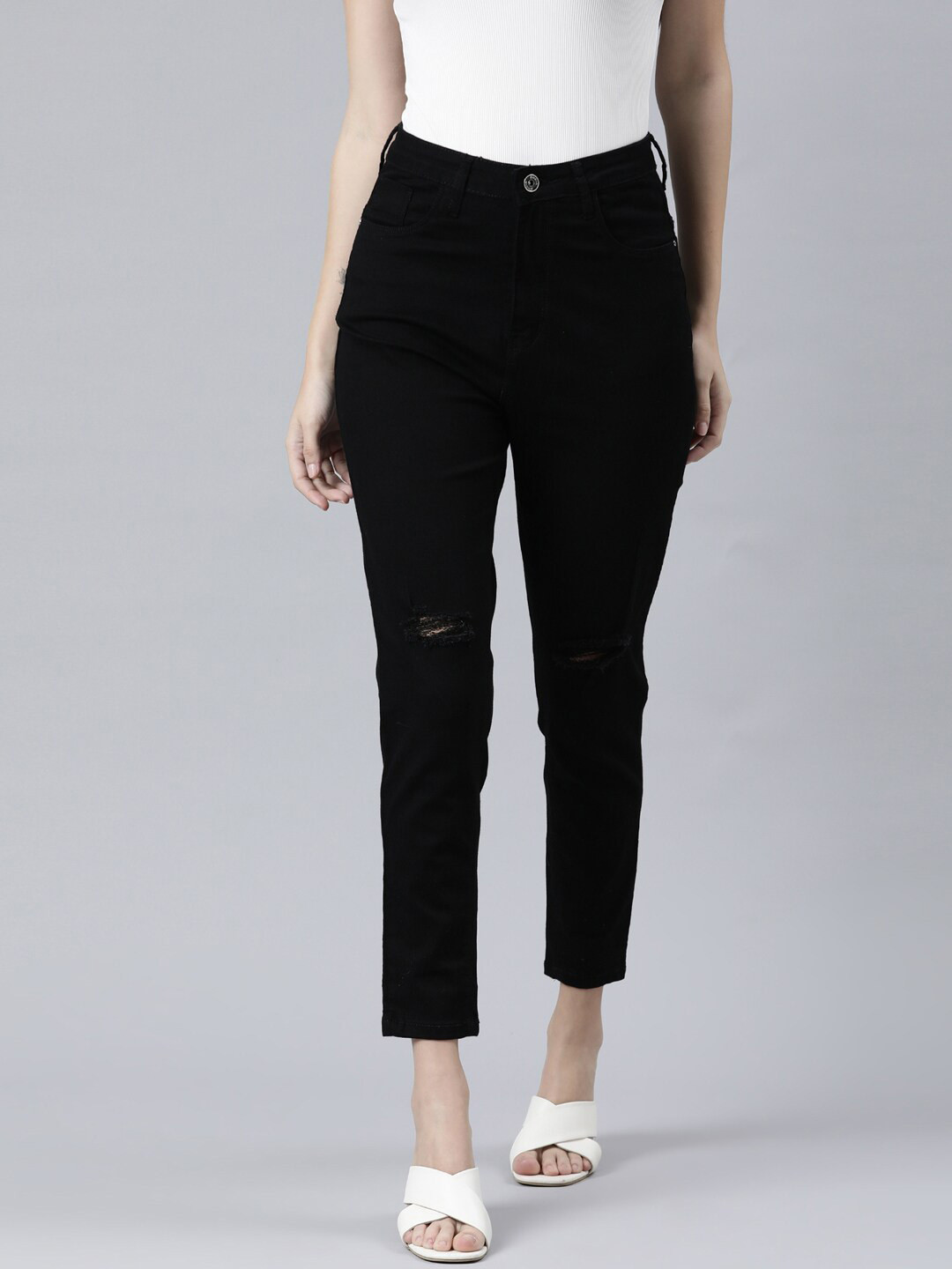 ZHEIA Women Black Slash Knee Dark Fade Skinny Fit Jeans