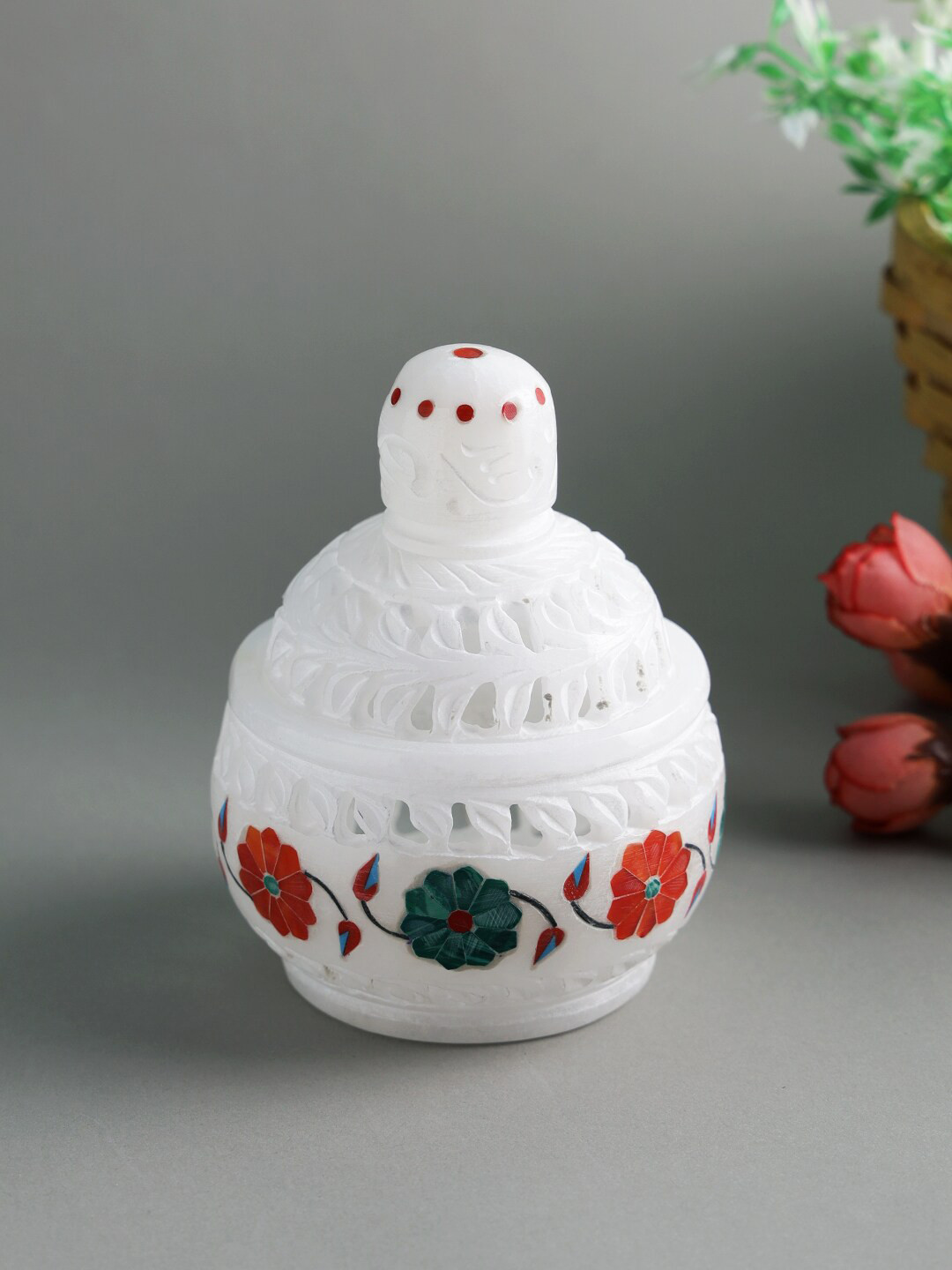 Aapno Rajasthan White Self Design Matki Shape Marble Organisers