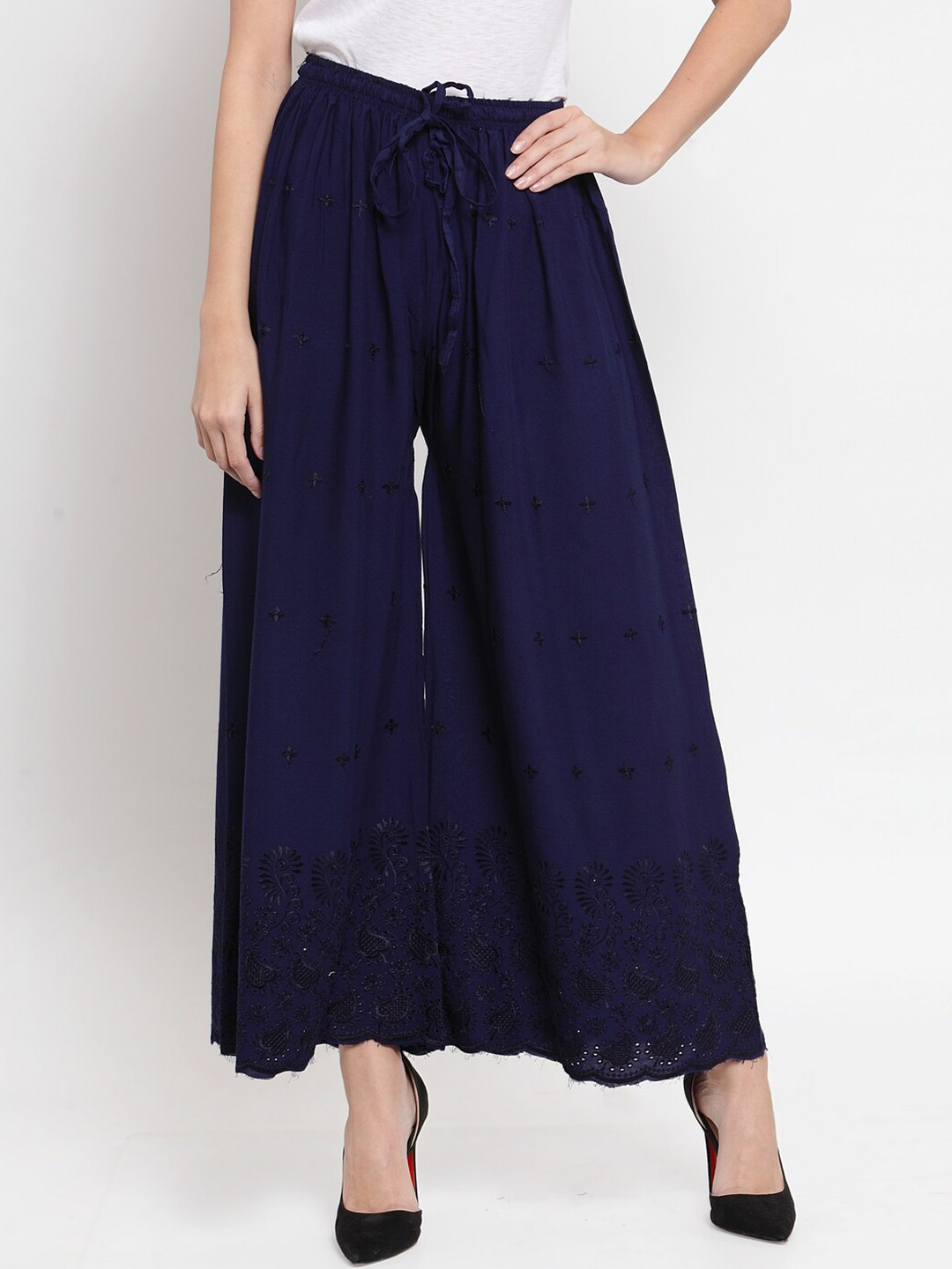 Clora Creation Women Navy Blue Embroidered Chikankari Flared Palazzo