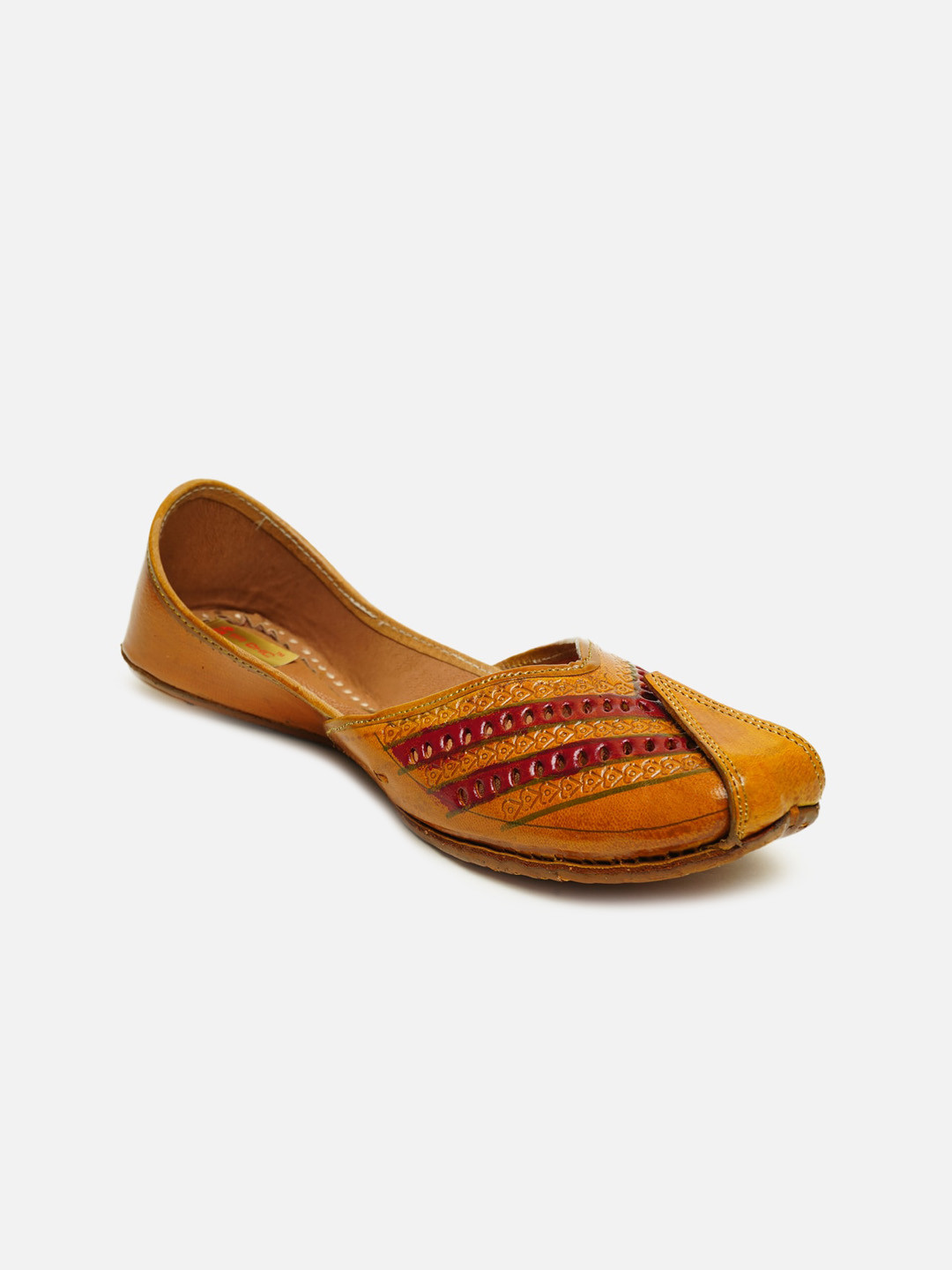 Ta Chic Women Tan Textured Ethnic Mojaris with Laser Cuts Flats