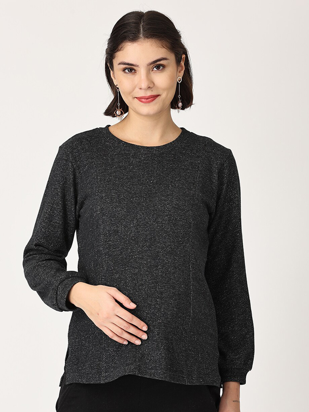 The Mom Store Women Maternity Black Hooded Sweatshirt