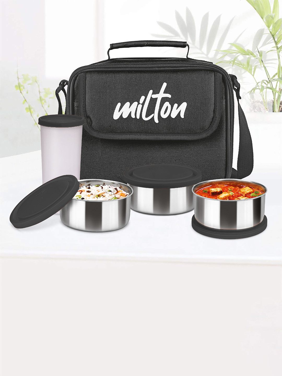 Milton New Steel Combi Lunch Black Set of 3 Stainless Steel Containers and 1 Tumbler