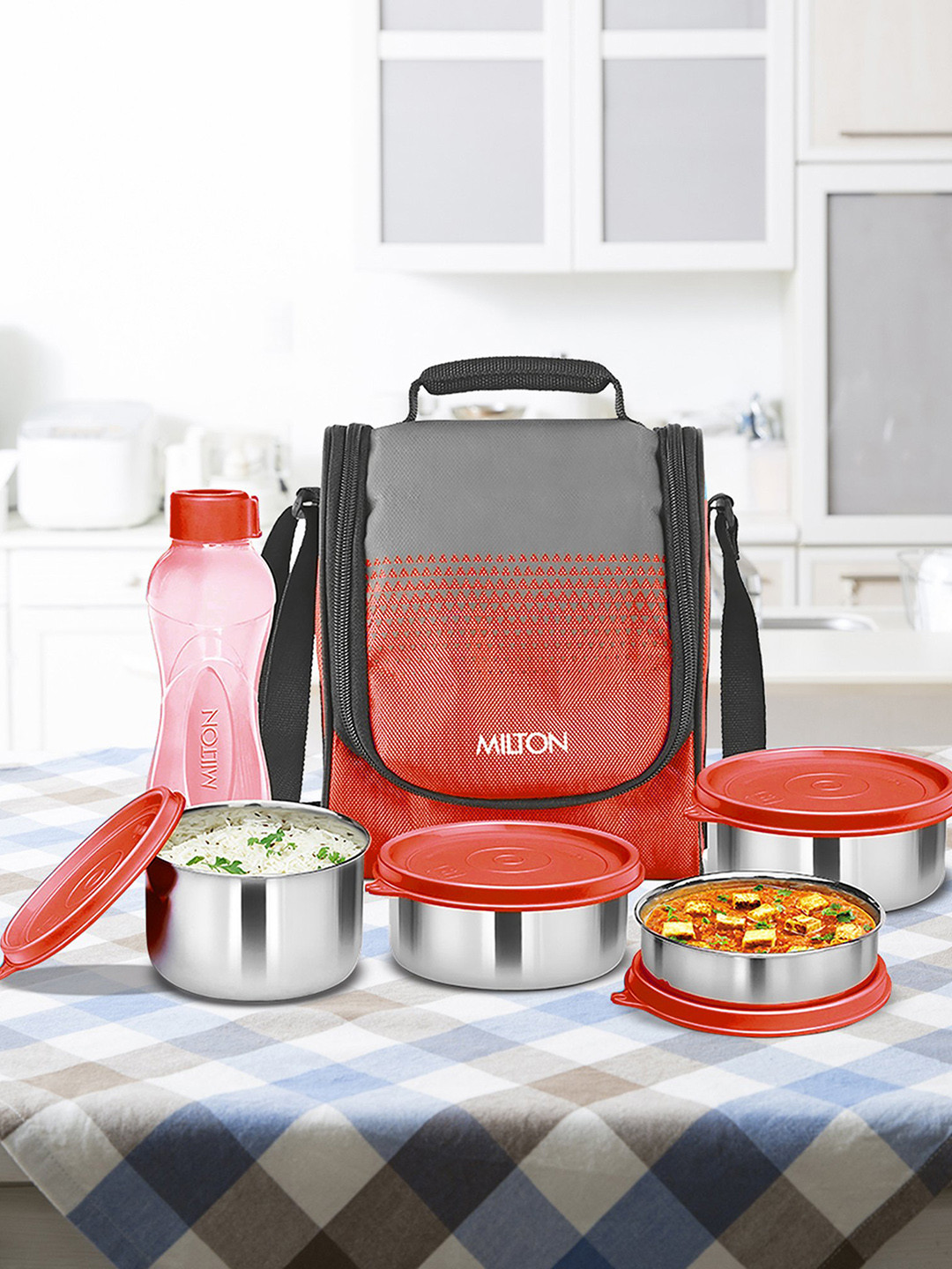 Milton Red Tasty 4 Stainless Steel Lunch Box Set of 4 Containers with 1 Bottle