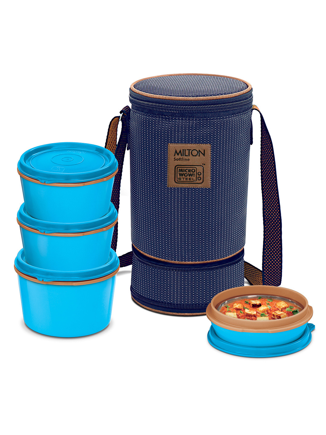 Milton Set of 4 Blue Flexi 3+1 Insulated Inner Stainless Steel Lunch Box with Jacket