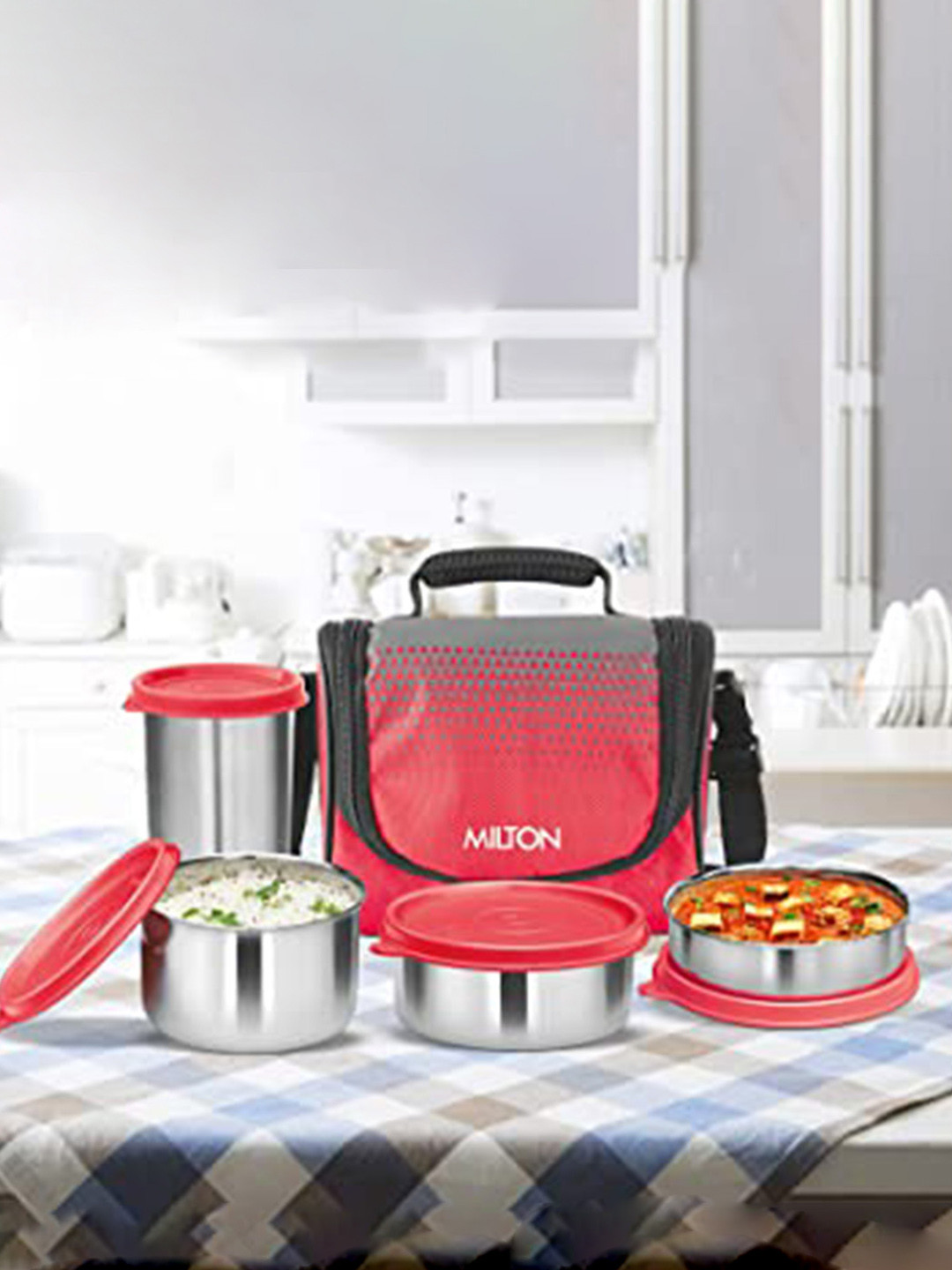 Milton Set Of Tasty 3 Red Stainless Steel Lunch Box Containers With Tumbler and Bag