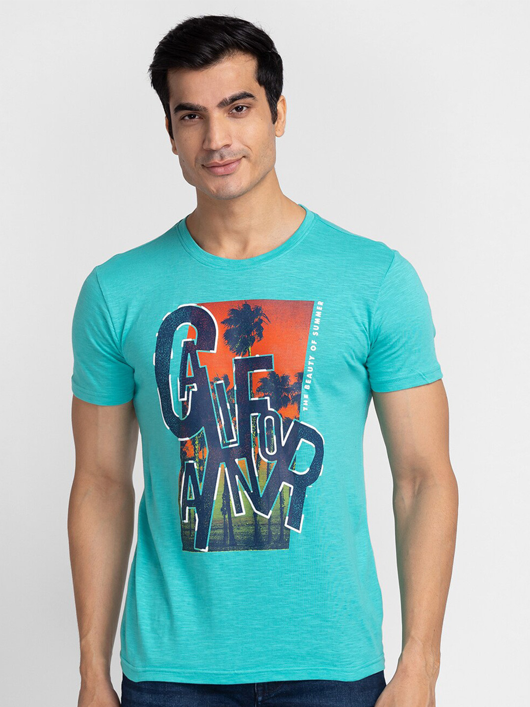 Globus Men Turquoise Blue Printed Slim Fit Cotton T-shirt
