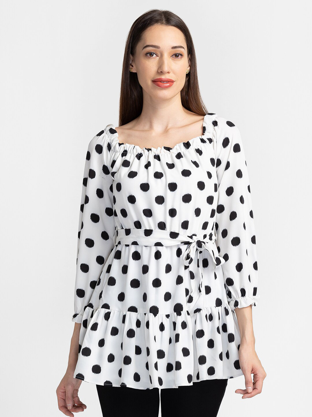 Globus Women White & Black Print Sweetheart Neck Crepe Cinched Waist Top