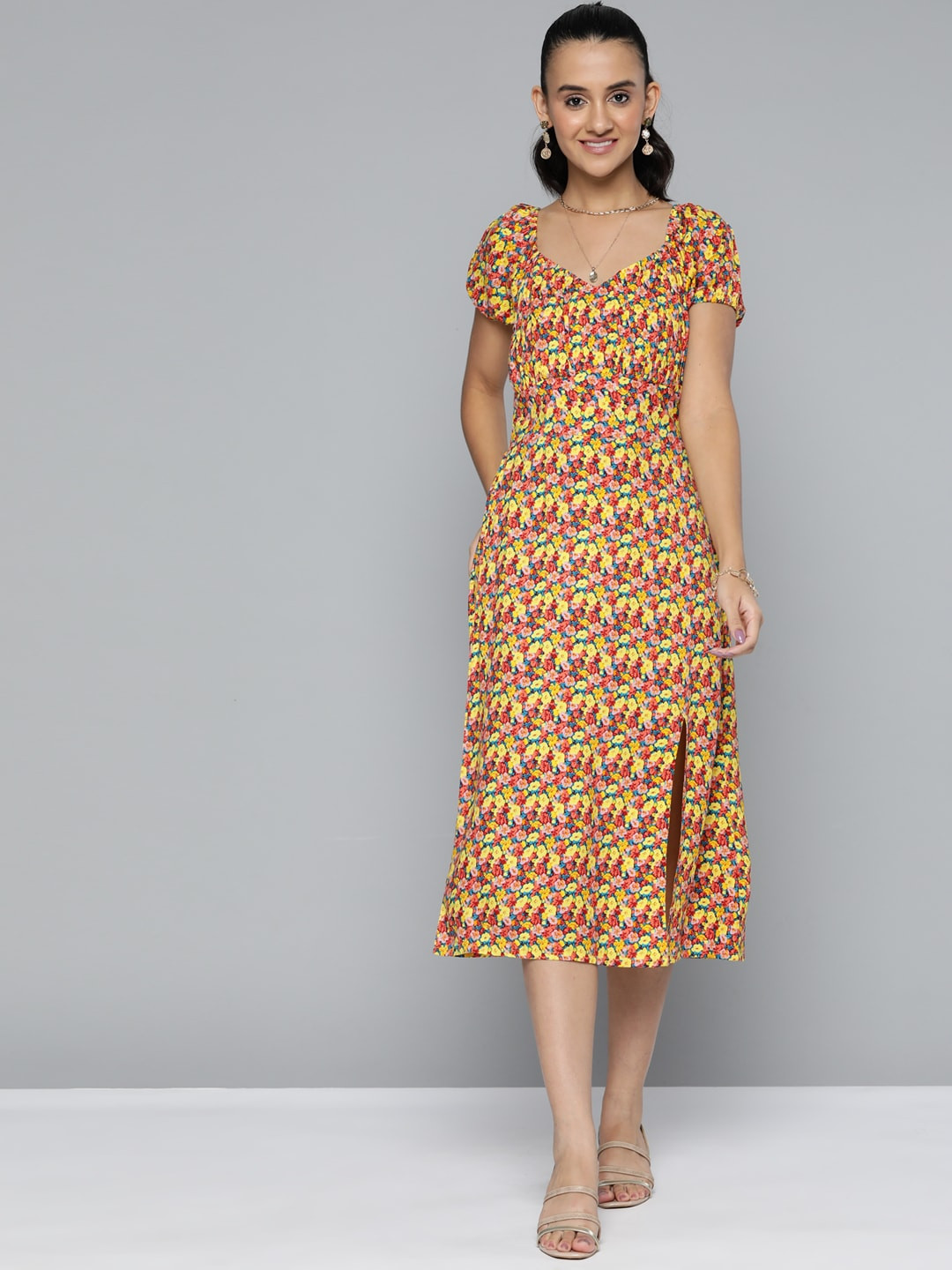 HERE&NOW Floral Print A-Line Side Slit Midi Dress