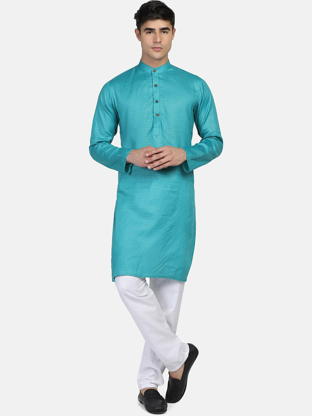 TAHVO Men Teal Grren Checked Kurta