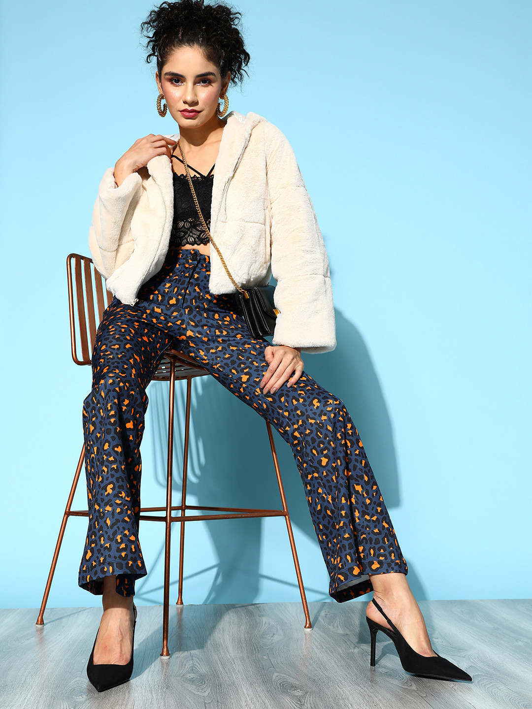 SASSAFRAS Women Navy Blue & Black Cheetah Printed Flared Trousers